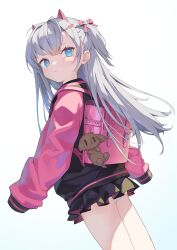 Rule 34 | 1girl, ass, backpack, bag, bag charm, black jacket, black skirt, blue eyes, bow, charm (object), closed mouth, commentary request, dutch angle, grey hair, hair bow, highres, horns, jacket, long hair, long sleeves, miniskirt, original, panties, pleated skirt, puffy long sleeves, puffy sleeves, randoseru, red bow, shindou kamichi, simple background, skirt, sleeves past fingers, sleeves past wrists, solo, standing, stuffed animal, stuffed dog, stuffed toy, two side up, underwear, very long hair, white background, white panties