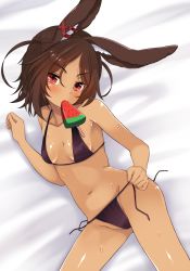 Rule 34 | 1girl, alternate costume, animal ears, azur lane, bare shoulders, bed sheet, bikini, breasts, brown hair, collarbone, commentary request, dark-skinned female, dark skin, from above, gluteal fold, graphite (medium), groin, highres, i-26 (azur lane), kiyomin, looking at viewer, lying, mechanical pencil, on back, parted bangs, pencil, rabbit ears, shiny skin, short hair, side-tie bikini bottom, small breasts, solo, stomach, swimsuit, thighs, traditional media, untied bikini