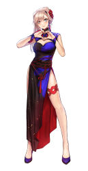 Rule 34 | 1girl, applekun, blue dress, blue eyes, breasts, cleavage cutout, closed mouth, clothing cutout, dress, fate/grand order, fate/samurai remnant, fate (series), flats, flower, full body, gradient dress, hair flower, hair ornament, heart, heart hands, high heels, highres, legs, long legs, looking at viewer, medium breasts, miyamoto musashi (fate), official alternate costume, pelvic curtain, pink hair, purple footwear, red dress, red flower, red rose, rose, short sleeves, side slit, simple background, single sidelock, smile, solo, swept bangs, white background