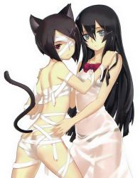 Rule 34 | 2girls, animal ears, ar tonelico, ar tonelico iii, ass, bandage over one eye, bandages, bare shoulders, black bra, black hair, black panties, bra, breasts, cat ears, cat tail, dress, filament (ar tonelico), green eyes, hair between eyes, hair ornament, hairclip, hand on another&#039;s shoulder, highres, jpeg artifacts, long hair, multiple girls, nagi ryou, naked bandage, panties, parted bangs, red eyes, scan, scan artifacts, see-through, see-through silhouette, short hair, simple background, small breasts, soma (ar tonelico), tail, underwear, wet, wet clothes, wet dress, white background, white dress