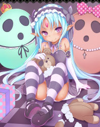 Rule 34 | 1girl, absurdres, bad id, bad pixiv id, blue hair, blush, elbow gloves, eyepatch, forehead jewel, gloves, hairband, highres, kalar (race), long hair, miotama, panties, pointy ears, purple eyes, purple thighhighs, rance (series), rance quest, reset kalar, shoes, smile, solo, striped clothes, striped thighhighs, stuffed animal, stuffed toy, teddy bear, thighhighs, underwear, white gloves, white panties