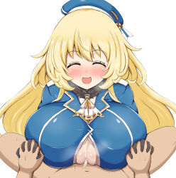 Rule 34 | 1boy, 1girl, ascot, atago (kancolle), beret, black gloves, blonde hair, blue headwear, blush, breasts, closed eyes, cum, cum on body, cum on breasts, cum on upper body, gloves, hat, highres, holding hands, kantai collection, kyu horn, large breasts, long hair, military uniform, open mouth, paizuri, paizuri under clothes, pov, solo focus, textless version, uniform