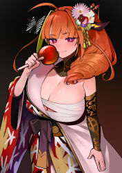 Rule 34 | 1girl, ahoge, bandages, blonde hair, blunt bangs, blush, bow, breasts, bright pupils, candy apple, cleavage, closed mouth, detached collar, detached sleeves, dismassd, dragon girl, dragon horns, drill hair, floral print, flower, food, hair flower, hair intakes, hair ornament, hair over shoulder, hair stick, hairband, highres, holding, holding food, hololive, horn bow, horn flower, horn ornament, horns, japanese clothes, kanzashi, kimono, kiryu coco, kiryu coco (new year), large breasts, long hair, long sleeves, looking at viewer, multicolored eyes, multicolored hair, off shoulder, official alternate costume, orange hair, pointy ears, purple eyes, red eyes, red kimono, sarashi, side drill, side ponytail, simple background, skindentation, smile, solo, streaked hair, striped, striped bow, virtual youtuber, white pupils, yukata