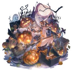 Rule 34 | 1girl, bandaid, bandaid on head, bare tree, basket, blonde hair, blue eyes, blue footwear, blue ribbon, boots, breasts, broom, cape, cleavage cutout, clothing cutout, coffin, corset, crossed bandaids, cucouroux (granblue fantasy), cucouroux (halloween) (granblue fantasy), detached sleeves, dress, fence, flower, full body, ghost, gloves, granblue fantasy, gun, hair ribbon, hat, high heel boots, high heels, jack-o&#039;-lantern, looking at viewer, medium breasts, official alternate costume, official art, one eye closed, open mouth, outstretched arm, plant, pumpkin, ribbon, sidelocks, silk, smile, solo, spider lily, transparent background, tree, twintails, vines, weapon, white dress, white gloves, witch hat