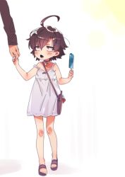 Rule 34 | 1girl, aged down, ahoge, androgynous, bag, bell, bow, brown eyes, brown hair, child, choker, cr-r, crossdressing, dress, food, full body, hair bow, handbag, hikigaya hachiman, holding, holding food, holding hands, jingle bell, looking at another, looking up, neck bell, no socks, open mouth, out of frame, popsicle, sandals, simple background, sleeveless, sleeveless dress, solo focus, strap slip, sundress, walking, white background, white dress, yahari ore no seishun lovecome wa machigatteiru.
