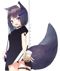 Rule 34 | 1girl, absurdres, animal ear fluff, animal ears, bag, belt buckle, belt collar, black collar, black dress, black hair, black panties, blush, breasts, bubble tea, buckle, butterfly tattoo, collar, commentary, cowboy shot, cup, disposable cup, dress, drinking straw, fang, fox ears, fox girl, fox tail, hair between eyes, hair ornament, hairclip, handbag, highres, holding, holding cup, leg belt, long hair, looking at viewer, mayogii, open mouth, original, panties, purple eyes, short dress, short sleeves, shoulder bag, simple background, small breasts, solo, standing, tail, tattoo, underwear, white background