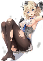 Rule 34 | 1girl, anger vein, arm up, armpits, black pantyhose, blonde hair, blue eyes, blue necktie, blush, breasts, capelet, collared dress, colorado (kancolle), corset, covered erect nipples, dress, elbow gloves, feet, gloves, grey gloves, hair between eyes, hands up, headgear, highres, kantai collection, knees up, looking at viewer, lying, medium breasts, necktie, neneru, no shoes, on back, open mouth, pantyhose, short hair, sideboob, sidelocks, smoke, solo, torn clothes, torn pantyhose, v-shaped eyebrows, wet, white dress