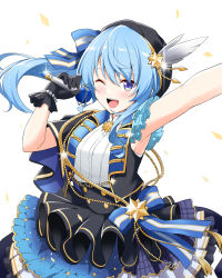 Rule 34 | 1girl, ;d, absurdres, armpits, arms up, beret, black gloves, black hat, black vest, blue eyes, blue hair, bow, felutiahime, gloves, hair bow, hat, high-waist skirt, highres, holding, holding microphone, hololive, hoshimachi suisei, idol, layered skirt, long hair, looking at viewer, microphone, music, one eye closed, open mouth, outstretched arm, shirt, singing, skirt, sleeveless, sleeveless shirt, smile, solo, star (symbol), star in eye, symbol in eye, vest, virtual youtuber, white background, white shirt