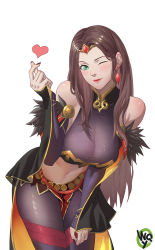 Rule 34 | 1girl, alternate costume, aqua eyes, artist logo, black nails, black pantyhose, blush, bodystocking, breasts, brown hair, circlet, closed mouth, commentary, commission, cowboy shot, detached sleeves, dorothea arnault, earrings, english commentary, feather trim, feathers, fire emblem, fire emblem: three houses, fire emblem heroes, gold trim, heart, jewelry, large breasts, leaning forward, lips, lipstick, long hair, looking at viewer, makeup, nail polish, navel, nintendo, one eye closed, pantyhose, parted bangs, pixiv commission, red lips, simple background, smile, solo, sonya (fire emblem gaiden), stomach, w.q.y, white background