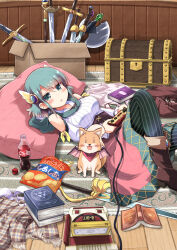Rule 34 | 1girl, absurdres, aqua hair, axe, bare shoulders, book, boots, bra, brown footwear, chips (food), clothes, coca-cola, controller, demon wings, dog, famicom, fantasy, food, game console, game controller, green eyes, green hood, highres, holding, holding controller, holding game controller, hood, hood down, minadori naya, multiple swords, open book, open mouth, original, pillow, ribbon, rug, short hair, striped leggings, sword, treasure chest, underwear, weapon, white bra, wings, wooden floor, yellow ribbon