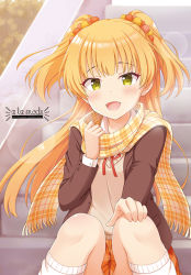 Rule 34 | 1girl, :d, blazer, blonde hair, blush, breath, brown jacket, clothes between thighs, collared shirt, commentary request, fang, fringe trim, idolmaster, idolmaster cinderella girls, idolmaster cinderella girls starlight stage, jacket, jougasaki rika, kaiware-san, kneehighs, knees up, long hair, looking at viewer, loose socks, neck ribbon, open clothes, open jacket, open mouth, orange skirt, plaid, plaid scarf, plaid skirt, pleated skirt, red ribbon, ribbon, scarf, shirt, sitting, skirt, smile, socks, solo, stairs, stone stairs, sweater vest, two side up, very long hair, white shirt, white socks, yellow eyes