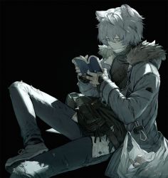 Rule 34 | 1boy, animal ear fluff, animal ears, arknights, bag, bandaid, bandaid on hand, black background, black sweater, book, cinkai, closed mouth, denim, grey hair, hair between eyes, highres, holding, holding book, jacket, jaye (arknights), jeans, long sleeves, male focus, mask, mouth mask, pants, reading, ribbed sweater, shoes, shopping bag, signature, simple background, sitting, sneakers, solo, sweater, torn clothes, turtleneck, turtleneck sweater