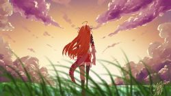 Rule 34 | 1girl, ahoge, asymmetrical legwear, back, clenched hand, cloud, commentary, dragon girl, dragon horns, dragon tail, ginfutsuu, grass, highres, hololive, horns, kiryu coco, kiryu coco (1st costume), long hair, orange hair, outdoors, red skirt, side-tie skirt, side slit, signature, single thighhigh, skirt, solo, sunset, tail, thigh strap, thighhighs, uneven legwear, virtual youtuber, walking away, wavy hair