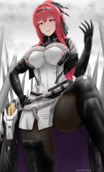 Rule 34 | 1girl, archstreal, black footwear, black gloves, black pantyhose, blush, boots, breasts, elbow gloves, gloves, hair intakes, hair ornament, highres, large breasts, long hair, mole, mole under eye, outdoors, pantyhose, parted lips, punishing: gray raven, red eyes, red hair, smile, solo, standing, thigh boots, thighhighs, thighs, vera: garnet (punishing: gray raven), vera (punishing: gray raven)