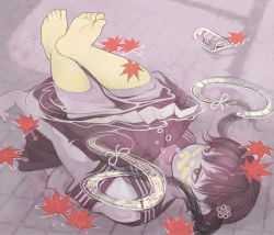 Rule 34 | 1girl, air bubble, autumn, autumn leaves, bare legs, barefoot, black eyes, black hair, bow, bubble, can, catcar0983, expressionless, feet, floating, full body, hair bow, hair ornament, inugami-ke no ichizoku pose, leaf, limited palette, maple leaf, original, pleated skirt, pool, sailor collar, school uniform, serafuku, skirt, soles, solo, toes, underwater
