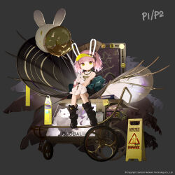Rule 34 | 1girl, absurdres, animal ears, bare arms, bare shoulders, black footwear, blue jacket, boots, chinese commentary, closed mouth, commentary request, fake animal ears, full body, girls&#039; frontline neural cloud, gloves, highres, holding animal, holding rabbit, jacket, pink hair, rabbit, rabbit ears, red gloves, shirt, short hair, single glove, sitting, sleeveless, sleeveless shirt, solo, taisch (neural cloud), tianliang duohe fangdongye, twintails, visor cap, walkie-talkie, white shirt, yellow eyes