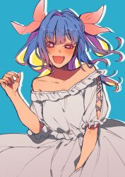 Rule 34 | 1girl, alternate costume, aqua background, bare shoulders, blue background, blue hair, blush, breasts, dress, fangs, flower-shaped pupils, hair ribbon, highres, i-19 (kancolle), kantai collection, long hair, looking at viewer, medium breasts, off-shoulder dress, off shoulder, open mouth, pink hair, pink ribbon, purple hair, red eyes, ribbon, simple background, solo, sumoffu, symbol-shaped pupils, tri tails, upper body, white dress