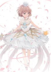 Rule 34 | 1girl, brown hair, cardcaptor sakura, closed mouth, commentary, crown, dangmill, dress, feathered wings, full body, gloves, green eyes, holding, holding wand, kero (cardcaptor sakura), kinomoto sakura, light smile, looking at another, looking to the side, magical girl, mini crown, petals, shoes, short hair, skirt, sleeveless, sleeveless dress, wand, white background, white dress, white footwear, white gloves, white wings, wings, yume no tsue