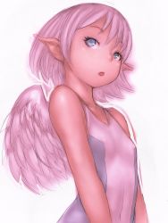 Rule 34 | 1girl, :o, angel, angel wings, bare shoulders, bob cut, character request, flat chest, fumio (rsqkr), grey eyes, one-piece swimsuit, pink hair, pointy ears, short hair, solo, swimsuit, white background, wings