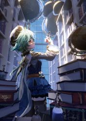 Rule 34 | 1girl, arm up, belt, belt buckle, black thighhighs, blue dress, book, book stack, bookshelf, bottle, breasts, buckle, cape, commentary, cowboy shot, dress, english commentary, genshin impact, glasses, globe, green hair, indoors, long hair, long sleeves, looking at object, medium breasts, sealgege, semi-rimless eyewear, shelf, solo, sucrose (genshin impact), thighhighs, vial, vision (genshin impact), white cape, white headwear, window, yellow eyes