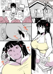 Rule 34 | 1girl, absurdres, black hair, breasts, calendar, calendar (object), cleavage, comic, commentary, drawing, female focus, hair ornament, hairclip, highres, indoors, large breasts, long hair, mole, mole under eye, monitor, navel, original, partially colored, plump, sitting, sky, sleeveless, solo, sweatdrop, translated, trash can, twintails, yac (mokkori), yellow eyes