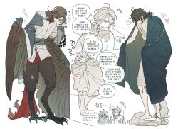 Rule 34 | 2boys, animal feet, bird legs, bird tail, bird wings, brown hair, chinese clothes, claws, coat, commentary, cosplay, costume switch, feathered wings, full body, g0ng g0ng, getian (reverse:1999), hanfu, harpy boy, highres, korean text, long hair, low ponytail, male focus, monster boy, multiple boys, name day (reverse:1999), reverse:1999, simple background, symbol-only commentary, tail, translation request, white background, winged arms, wings