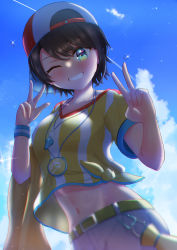 Rule 34 | 1girl, absurdres, backwards hat, baseball cap, black hair, blue sky, blurry, blurry foreground, blush, breasts, cloud, collarbone, commentary request, crop top, day, depth of field, double v, green eyes, grin, hands up, hat, highres, hololive, looking at viewer, medium breasts, megaphone, midriff, navel, neko punch (user hddm3373), one eye closed, oozora subaru, oozora subaru (1st costume), outdoors, red hat, shirt, short sleeves, shorts, sky, smile, solo, stopwatch, striped clothes, striped shirt, sweatband, tied shirt, v, vertical-striped clothes, vertical-striped shirt, virtual youtuber, watch, whistle, whistle around neck, white shorts, wristband, yellow shirt