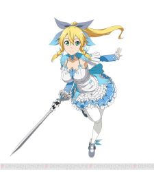 Rule 34 | 10s, 1girl, blonde hair, blue ribbon, card, collarbone, dress, frilled dress, frills, full body, green eyes, hair ornament, holding, holding sword, holding weapon, leafa, long hair, looking at viewer, pantyhose, pointy ears, ribbon, simple background, smile, solo, sword, sword art online, sword art online: code register, watermark, weapon, white background, white pantyhose