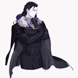 Rule 34 | 1boy, black cape, black hair, black jacket, black suit, cape, closed mouth, collar, collared shirt, crossed arms, fate/grand order, fate (series), formal, fur, fur-trimmed cape, fur trim, gloves, gradient hair, hair slicked back, highres, jacket, long hair, long sleeves, male focus, multicolored hair, necktie, nikola tesla (fate), purple hair, shirt, simple background, solo, suit, viscontiapclyps, white background
