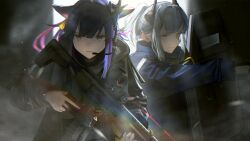 2girls absurdres animal_ears arknights ballistic_shield black_jacket black_shirt blue_jacket cat_ears cat_girl commentary dragon_girl dragon_horns ear_protection ears_down green_eyes grey_hair gun headset highres holding holding_gun holding_shield holding_weapon horns jacket jessica_(arknights) jessica_the_liberated_(arknights) kusami_toka_naku_au laser laser_pointer_projection light_particles liskarm_(arknights) long_hair long_sleeves looking_ahead looking_at_viewer multicolored_hair multiple_girls purple_hair shield shirt sig_mpx sig_sauer skirt submachine_gun weapon