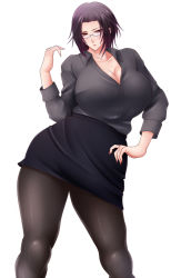Rule 34 | 1girl, breasts, brown eyes, glasses, hand on own hip, huge breasts, looking at viewer, mature female, original, pantyhose, purple hair, saogokushi, short hair, simple background, skirt, solo, standing, teacher, thick thighs, thighs, white background