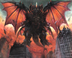 Rule 34 | absurdres, building, city, claws, crest, destoroyah, destruction, dusk, extra wings, flying, g.n.a., giant, giant monster, glowing, glowing eyes, glowing horn, godzilla (series), godzilla vs. destoroyah, highres, horns, kaijuu, looking at viewer, looking down, low wings, monster, no humans, no pupils, orange eyes, overcast, pincers, single horn, sky, skyscraper, tail, toho, wings