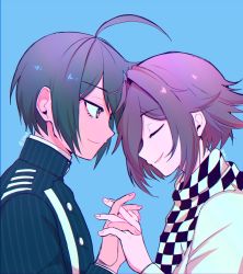 Rule 34 | 2boys, ahoge, black hair, blue background, brown eyes, cele (310v3), checkered clothes, checkered neckwear, checkered scarf, closed eyes, commentary, danganronpa (series), danganronpa v3: killing harmony, earrings, english commentary, forehead-to-forehead, green background, heads together, highres, holding hands, interlocked fingers, jewelry, long sleeves, looking at another, male focus, multiple boys, nail polish, oma kokichi, parted lips, profile, purple hair, saihara shuichi, scarf, short hair, simple background, smile, twitter username, upper body, yaoi