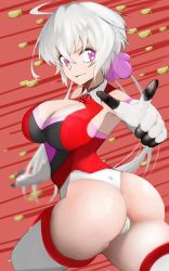 Rule 34 | 1girl, ahoge, anatomical nonsense, ass, bad anatomy, breasts, bullet, cameltoe, cleavage, cowboy shot, deadball iwata, elbow gloves, from behind, gloves, highres, large breasts, leotard, light purple hair, long hair, looking at viewer, looking back, low twintails, parted lips, pointing, pointing at viewer, purple eyes, scrunchie, senki zesshou symphogear, shiny skin, smile, solo, standing, teeth, thighhighs, twintails, white gloves, white thighhighs, yukine chris
