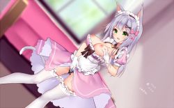 Rule 34 | 1girl, animal ears, apron, bad id, bad pixiv id, bell, blush, breasts, breasts out, cat ears, cat tail, clothes lift, collar, dutch angle, female masturbation, frills, gloves, green eyes, long hair, maid, maid headdress, masturbation, masturbation through clothes, neck bell, nipples, original, panties, puffy sleeves, silver hair, skirt, skirt lift, solo, tail, thighhighs, underwear, zhao (pixiv12947327)