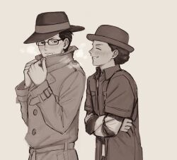 Rule 34 | 2boys, ace attorney, ace attorney investigations, ace attorney investigations 2, blush, closed eyes, closed mouth, coat, collared shirt, crossed arms, fedora, glasses, gregory edgeworth, grey background, hat, highres, jacket, long sleeves, looking at another, male focus, monochrome, multiple boys, open mouth, renshu usodayo, scarf, shigaraki tateyuki, shirt, short hair, simple background, smile, striped clothes, striped shirt