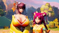Rule 34 | 2girls, 3d, absurdres, action taimanin, breasts, brown hair, cleavage, colored skin, curvy, day, double bun, forest, gauntlets, hair bun, hair ornament, highres, huge breasts, japanese clothes, kimono, lipstick, long hair, looking at viewer, loppybun, makeup, mizuki shiranui, multiple girls, nature, orange eyes, outdoors, red hair, shiny skin, small breasts, standing, su jinlei, taimanin (series), taimanin yukikaze, twintails, very long hair, white skin, yellow eyes