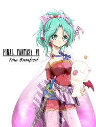 Rule 34 | 1990s (style), 1girl, bow, cape, character name, copyright name, final fantasy, final fantasy vi, green eyes, green hair, hair bow, looking at viewer, moogle, smile, standing, tina branford, u-zone