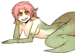Rule 34 | 1girl, breasts, critnuke, dragon girl, granberia, mon-musu quest!, monster girl, nipples, nude, red hair, scales, short hair, small breasts, smile, solo, tail, yellow eyes