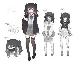 Rule 34 | 1girl, artist name, bag, black hair, casual, character sheet, handbag, highres, holding, holding bag, ikeuchi tanuma, koi to mahou to etcetera, mask, mouth mask, multicolored hair, multiple views, pink hair, school uniform, shoes, short-sleeved sweater, short sleeves, signature, socks, surgical mask, sweater, twitter username, two-tone hair, two side up