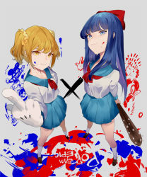 Rule 34 | 10s, 2girls, baseball bat, blonde hair, blue eyes, blue hair, copyright name, foreshortening, from above, looking at viewer, middle finger, multiple girls, personification, pipimi, poptepipic, popuko, reeh (yukuri130), school uniform, smile, weapon, yellow eyes