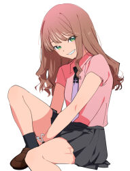 Rule 34 | 1girl, black skirt, bracelet, brown footwear, green eyes, gridman universe, gridman universe (film), hand on own knee, jewelry, knee up, light brown hair, loafers, long hair, looking at viewer, minami yume, necktie, parted lips, pink shirt, purple necktie, scar, scar on leg, shirop imas, shirt, shoes, short sleeves, simple background, sitting, skirt, smile, solo, ssss.dynazenon, ssss.gridman, white background