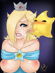 Rule 34 | 1boy, 1girl, artist name, blonde hair, blue eyes, blush, breasts, breasts out, censored, clenched teeth, crown, cum, ejaculation, facial, floating, hair over one eye, highres, inverted nipples, large breasts, lips, luma (mario), mario (series), medium breasts, mini crown, mosaic censoring, nintendo, nipples, penis, restrained, rosalina, sky, star (sky), super mario bros. 1, super mario galaxy, teeth, xinaelle
