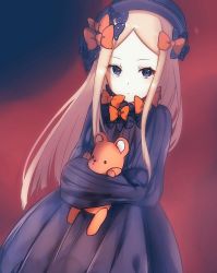 Rule 34 | 1girl, abigail williams (fate), ao (user ctez2482), black bow, black dress, black hat, blonde hair, blue eyes, bow, closed mouth, dress, dutch angle, fate/grand order, fate (series), hair bow, hands in opposite sleeves, hat, hugging object, long hair, long sleeves, looking at viewer, orange bow, parted bangs, polka dot, polka dot bow, solo, stuffed animal, stuffed toy, teddy bear, very long hair