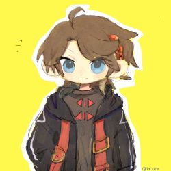 Rule 34 | 1boy, ahoge, black jacket, blue eyes, brown hair, closed mouth, hand in pocket, highres, jacket, kiduta cielo, long sleeves, looking at viewer, nijisanji, notice lines, open clothes, open jacket, outline, parted bangs, puffy long sleeves, puffy sleeves, saegusa akina, smile, solo, twitter username, v-shaped eyebrows, virtual youtuber, white outline, yellow background