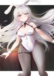 Rule 34 | 1girl, animal ears, blue eyes, blush, braid, breasts, bunny day, cleavage, closed mouth, commentary request, detached collar, fishnet pantyhose, fishnets, grey hair, grey pantyhose, heterochromia, highleg, highleg leotard, highres, holding, kurage cc, large breasts, leotard, long hair, original, pantyhose, playboy bunny, purple eyes, rabbit ears, raised eyebrows, solo, strapless, strapless leotard, thigh strap, white leotard, wrist cuffs