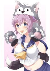 Rule 34 | 1girl, :d, animal hands, animal hood, aoba (kancolle), blue sailor collar, blush, breasts, claws, cosplay, fake tail, gloves, highres, hood, kantai collection, kazuki kan, leaning forward, looking at viewer, medium breasts, midriff peek, navel, neck ribbon, open mouth, paw gloves, pink background, purple hair, ribbon, sailor collar, shirt, short hair, short ponytail, short sleeves, signature, simple background, smile, solo, tail, tareme, upper body, white shirt, wolf hood, wolf tail, yellow ribbon, yuudachi (kancolle), yuudachi (kancolle) (cosplay)