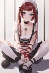 Rule 34 | 1girl, ankle cuffs, ankle strap, apron, ball and chain restraint, bars, bdsm, belt, black footwear, blue eyes, blush, bondage, bound, breasts, choker, cleavage, collar, collarbone, feet together, highres, kinako (shiratama mochi), kneehighs, knees apart feet together, lace trim, lock, maid, maid apron, maid headdress, mary janes, medium breasts, nail polish, original, red hair, red ribbon, ribbon, shadow, shoes, signature, sitting, sleeveless, socks, solo, twintails