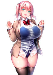 Rule 34 | 1girl, aqua eyes, blue one-piece swimsuit, blush, bow, bowtie, breasts, collared shirt, fang, hair ornament, highres, huge breasts, long hair, long sleeves, looking at viewer, one-piece swimsuit, open mouth, original, pink hair, school swimsuit, see-through, see-through shirt, shirt, short hair, sidelocks, solo, swimsuit, swimsuit under clothes, thighhighs, thighs, tsukumiya amane, twintails, white background