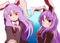Rule 34 | 1girl, animal ears, blazer, blouse, breasts, buttons, clip studio paint (medium), closed mouth, collared shirt, commentary request, expressionless, flat color, jacket, light purple hair, long hair, long sleeves, looking down, looking to the side, medium breasts, multiple views, necktie, rabbit ears, red eyes, red neckwear, reisen udongein inaba, shirt, touhou, upper body, white background, white shirt, yasui nori